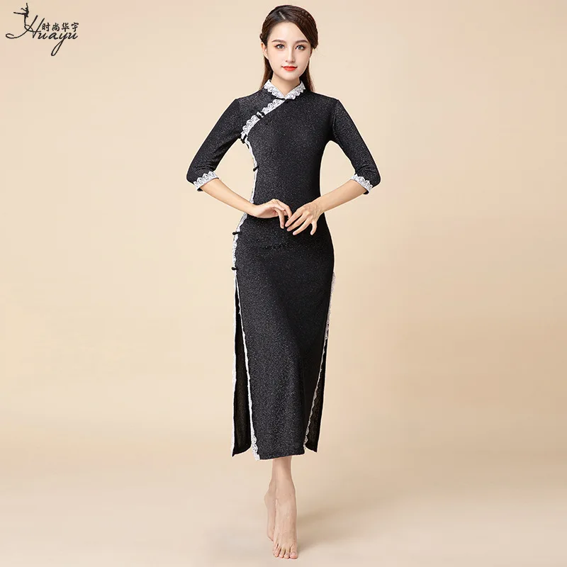Fashion New Classical Dance Slimming Slit Lace Stand Collar Cheongsam Dress Chinese Improved Dance Costume for Women Elasticity