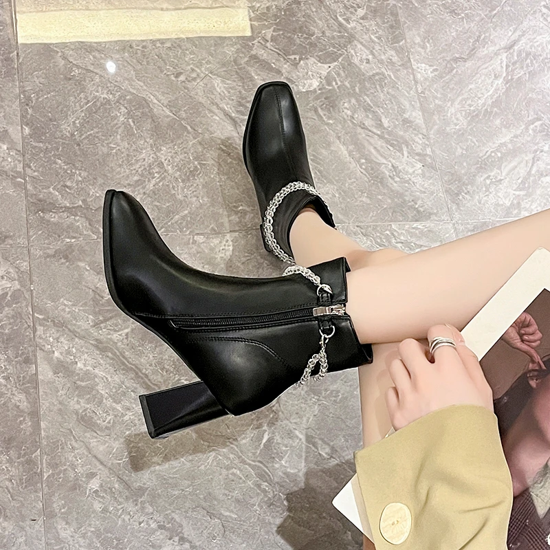 الجوارب البيضاء النساء كتلة كعب ساحة تو البيج نحيل الأحذية 2025 خريف جديد الفرنسية حذاء من الجلد عالية الكعب #4