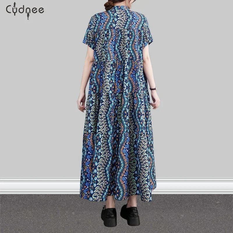 Vintage Chiffon Print Plus Women A Line Multicolor Dress Allover Print Notched Neckline Smock Dress