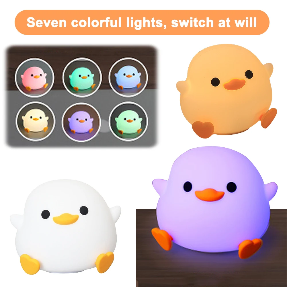 Silicone Duck Pat Night Light Simple Touch Lamp Eye Caring Cute Nursery Nightlight 7 Light Colors USB Rechargeable for Kids Room