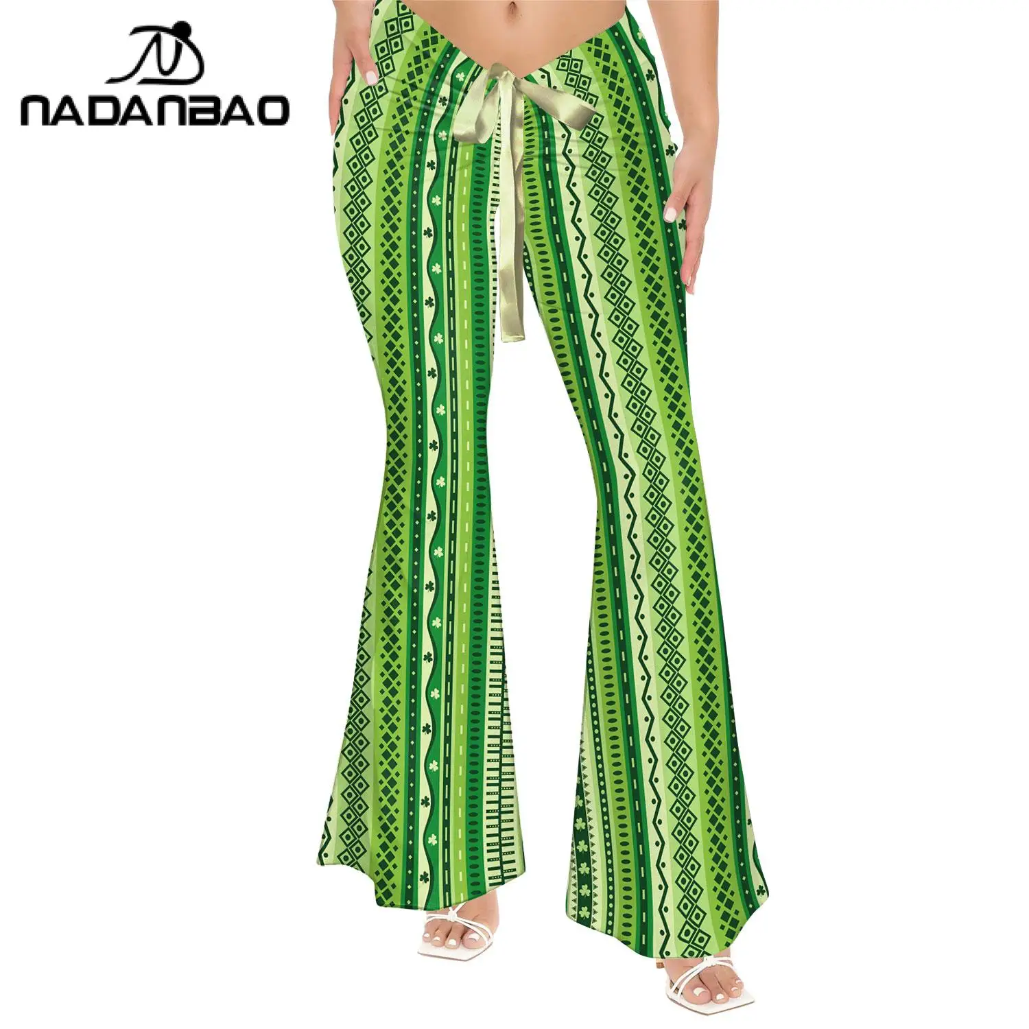 Nadanbao Women Lucky Grass Printing Flared Pants St. Patrick's Day Green Trousers with Bandage Girl Leggings High Waist Bottom