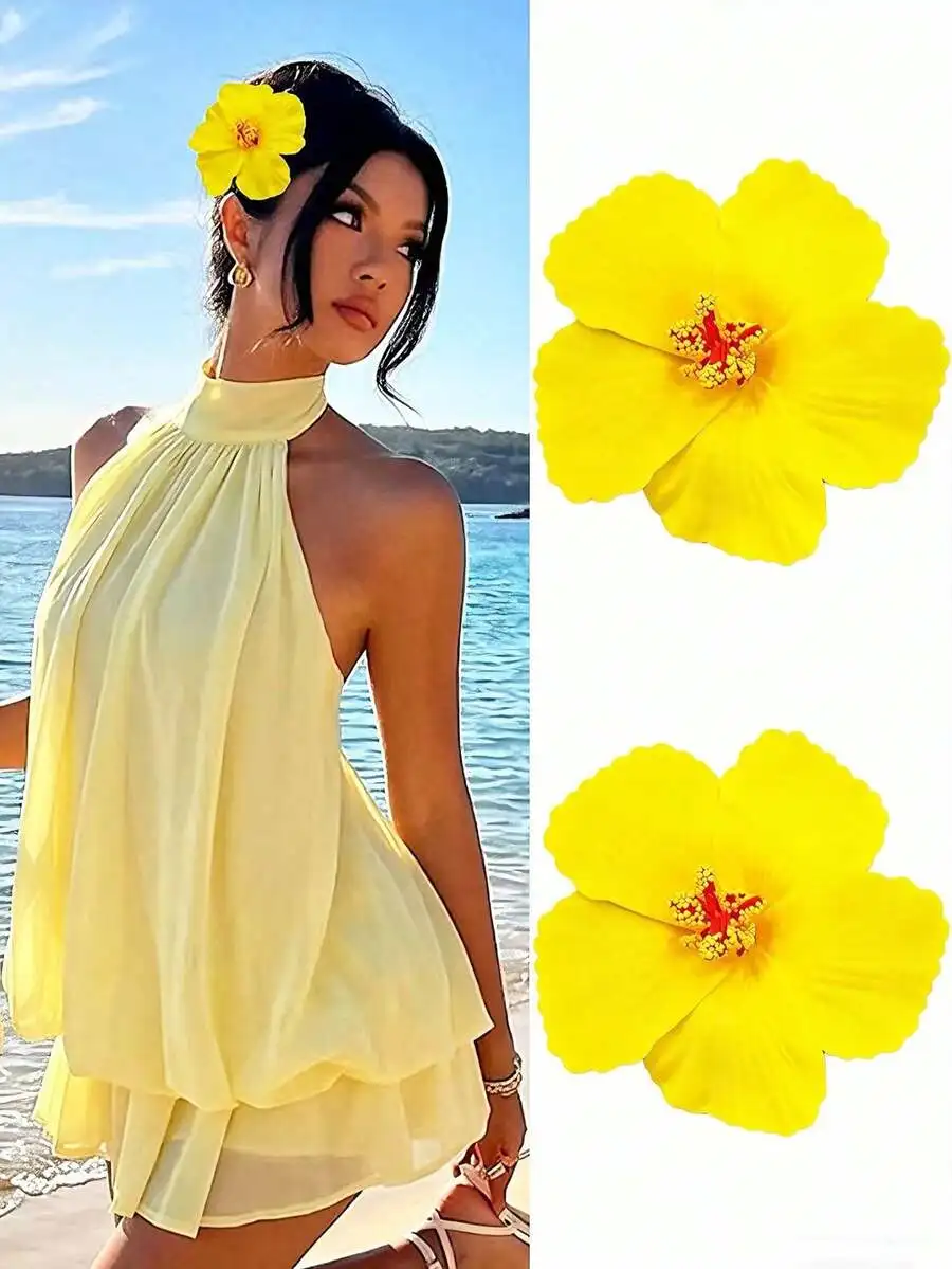 

2pcs Yellow Hawaiian Hibiscus Flower Hair Clips For Women Boho Style Summer Beach Vacation Accessories