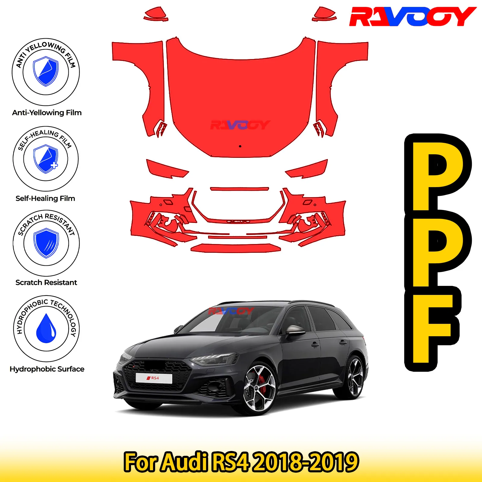 

Для Audi RS4 2018-2019 глянцевый матовый черный предварительно вырезанный передний комплект PPF, защитная пленка для краски
