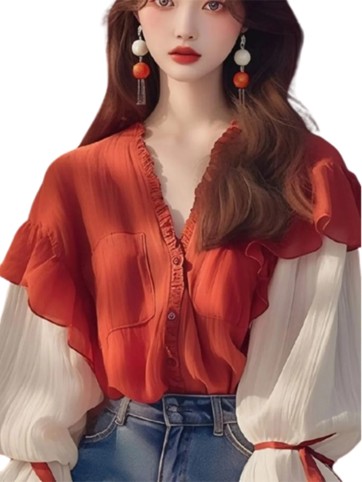 레드 V넥 버블 슬리브 여성용 초가을 고급 유니크 선드 커버업 탑 버튼 루즈핏 롱 슬리브