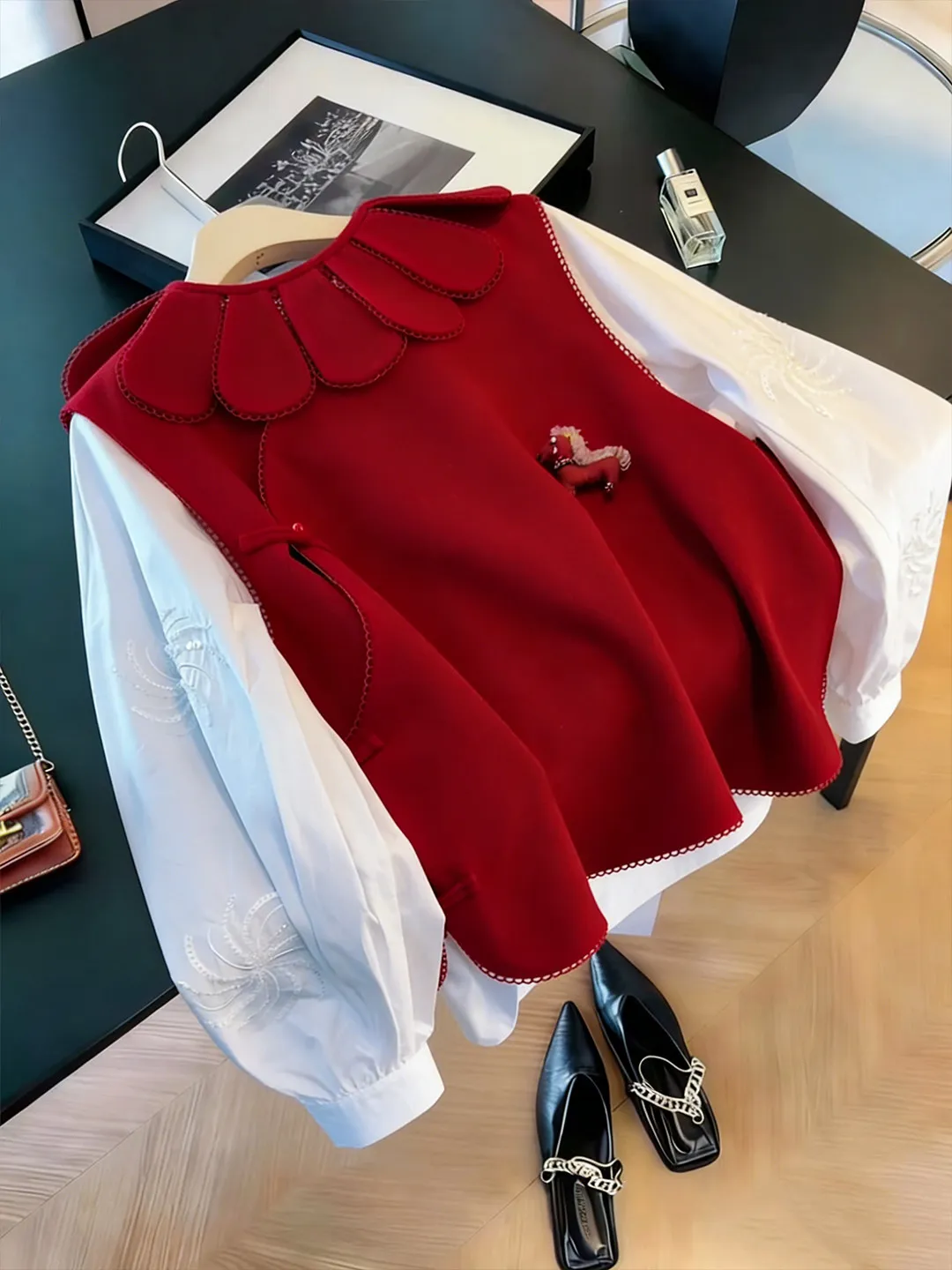 

Red Spring Faion Set Women's Oversize Vest irt Layering New Year Unique ular Casual Sle High Waist Trousers