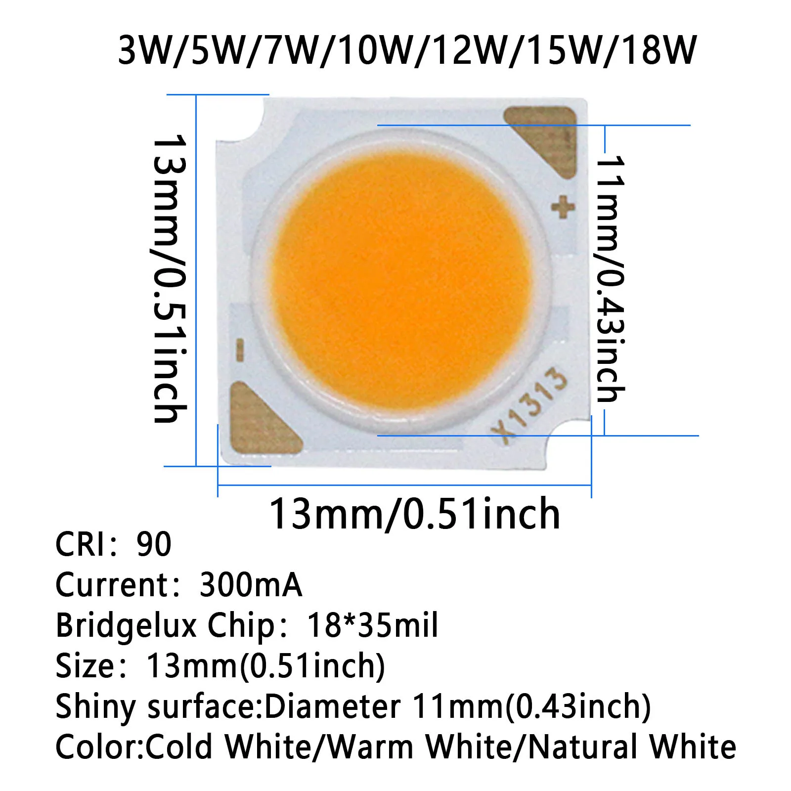 10 szt. Lampa COB LED Bridgelux Chip3W 5W 10W 12W 15W 18W 300mA 13mm DIY lampa LED reflektor żarówka lampa świecąca W dół biura domowego