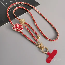 Mobile Phone Lanyard Crossbody Round Ball Telescopic Buckle Camellia Pickup Chain Neck Bag Metal Chain Mobile Phone Lanyard