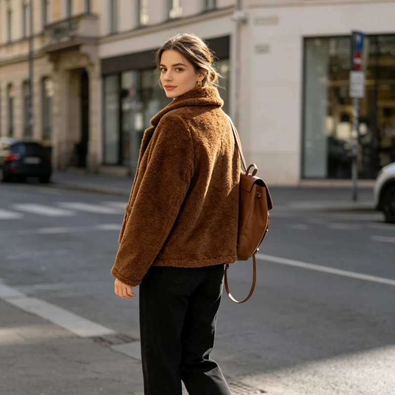 Damen-Kurzmantel mit Reverskragen, Sherpa-Teddy-Optik, Knopfleiste vorne, flauschige, weiche Plüschjacke mit Taschen, Winter-Freizeit-Oberbekleidung – Detail 6