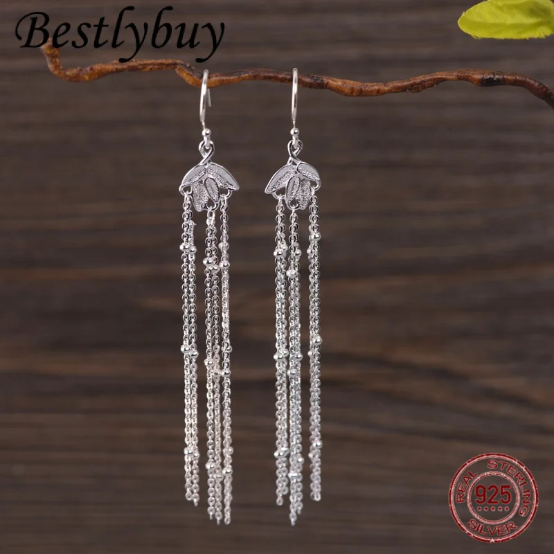 

Real S925 Silver Earrings For Women Simple And Fashionable Temperament Bamboo Leaf Long Tassel Earrings
