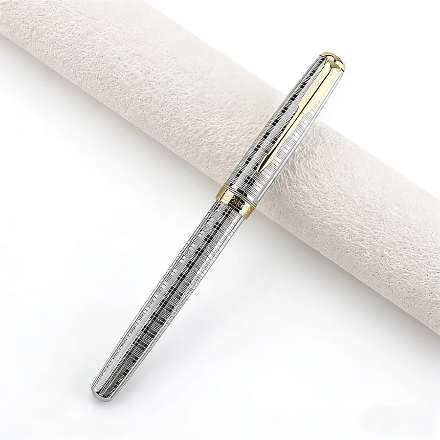 

Luxury Silver & Gold Fountain Pen - Engraved Grid Pattern, Elegant Business Signature Pen for Office & Gifts