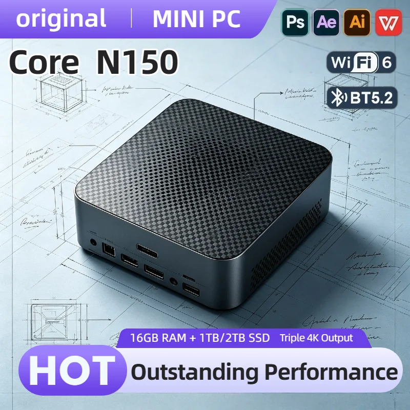 인텔 코어 N150 휴대용 미니 PC 16GB DDR4 M.2 NVMe SSD 트리플 4K WiFi6 저소음 쿨링 사무실/가정용 데스크탑 컴퓨터 2026