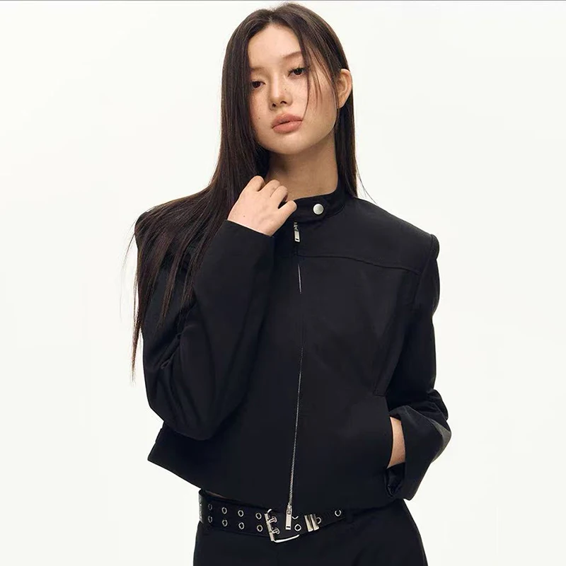 

Black Stand Collar Crop Jacket for Women Y2K American Streetwear Long Sleeve Coats Autumn Loose All Match Zipper Outwear New