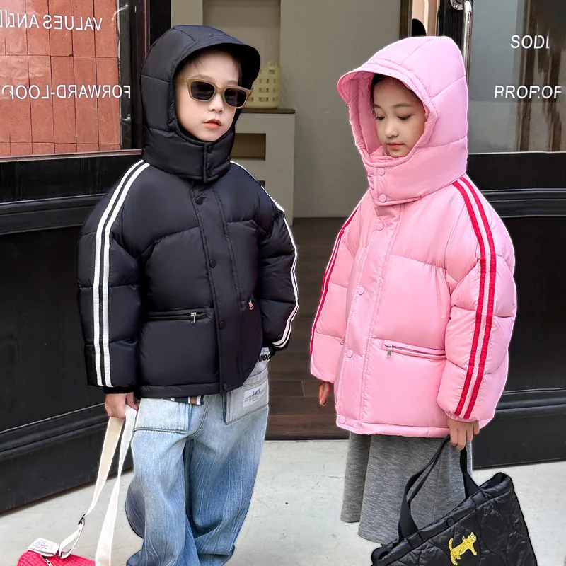 Inverno coreano bambini ragazzi piumino a righe manica lunga bambino ragazzi capispalla cappotto addensare caldo con cappuccio ragazzini tuta da neve