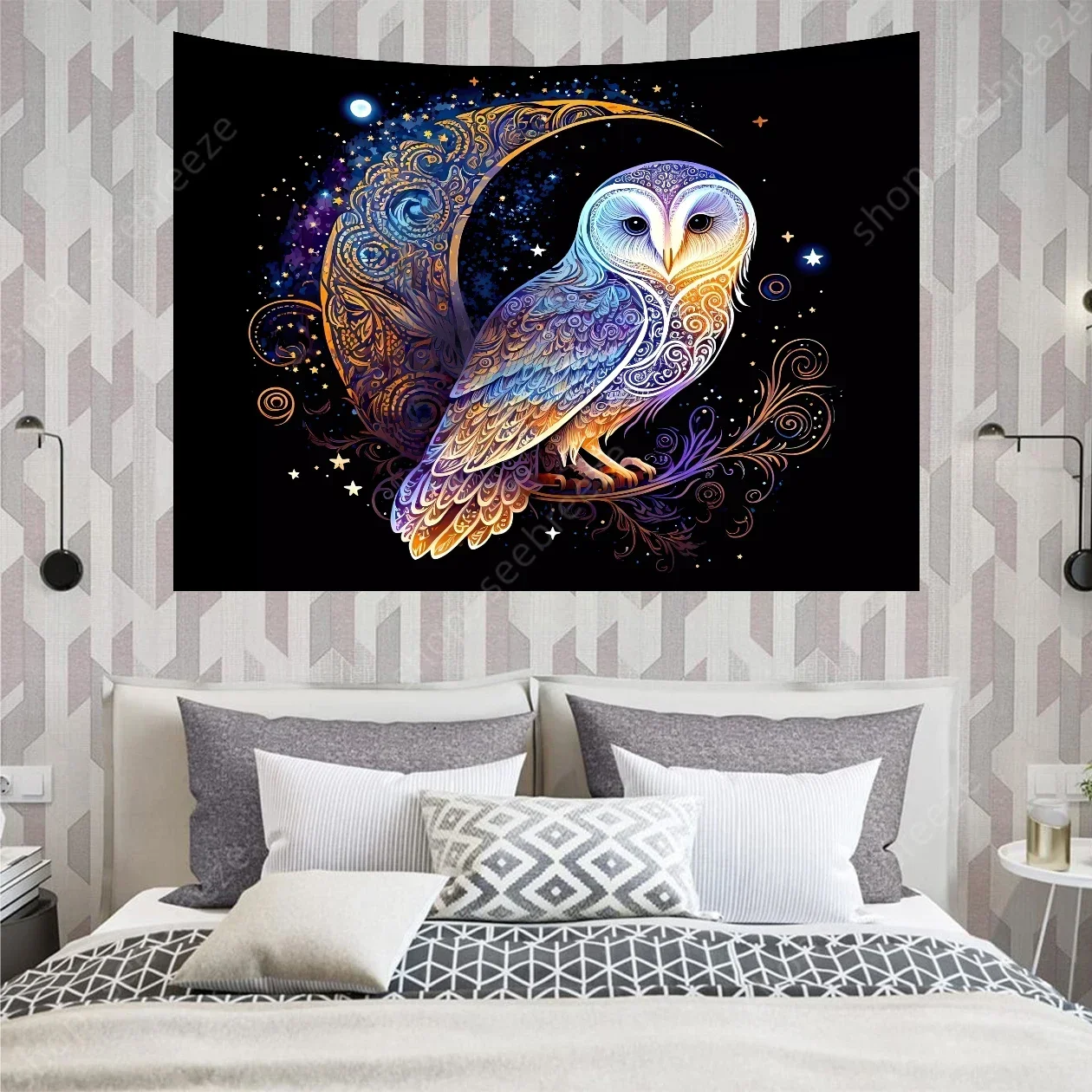 Lunar Owl Wall Tapestry Celestial Aesthetic, Moon Lovers Gift, Witch Wall Art, Ethereal Altar Cloth Trippy Room Decor Aesthetic
