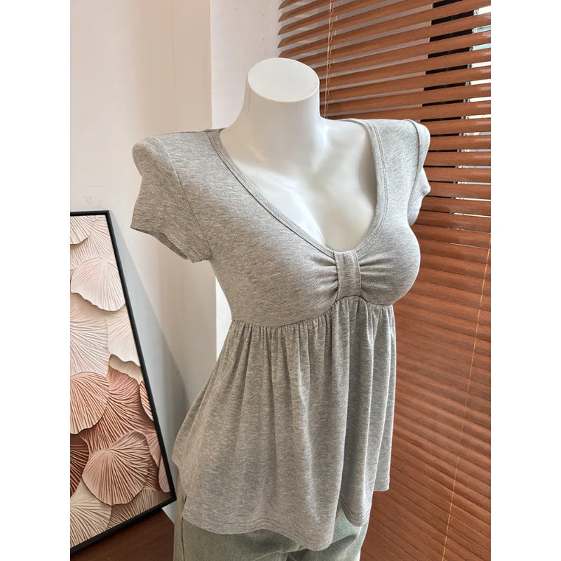 Women's Gentle Wind Doll Shirt V-Neck Gathered Loose Slimming Short Sleeve T-Shirt Inner Wear Top Versatile Casual Polyester