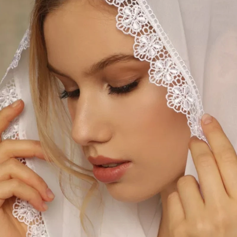 Woman Lace Veil Wedding Church Lace Trim Veil Lightweight Scarf with Floral Pattern Hot Weather Muslims Girl DropShipping