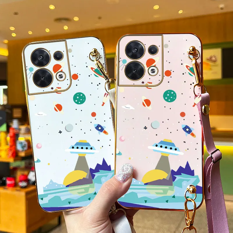 Sailing Spaceships Lanyard Plating Phone Case For OPPO Reno 8Pro 8T 8 10 10Pro 9 9ProPlus 9Pro 6 6Pro 7Z 7Lite 7 6Lite 6Z Cover