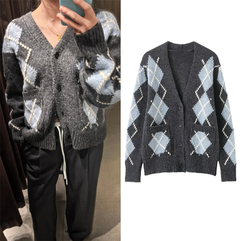 

Women's Jacket 2025 Autumn New Style Gray Diamond Pattern Long-Sleeve V-Neck Knitted Cardigan Jacket Casual Fashion Versatile