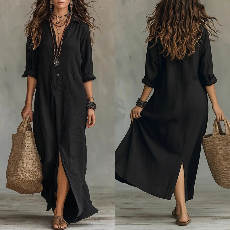 2026 Summary New Women's Fashion Loose-fit Vacation-style Solid Color Shirt Necklace Clothes Summer Long Dress Luxury Robe