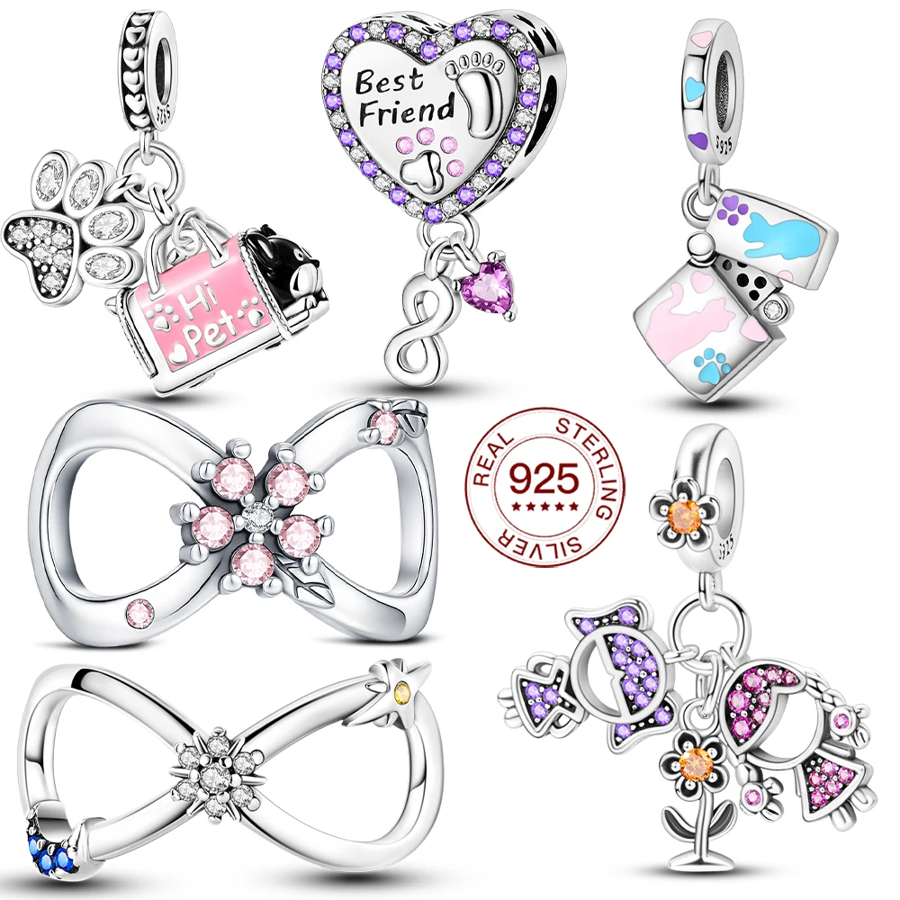 

Подвески из серебра 925 пробы для любителей животных: отпечаток лапы, собака, кошка, сердце, бантик, бесконечность, бусины для браслетов, милые украшения с изображением питомцев, подарки для женщин