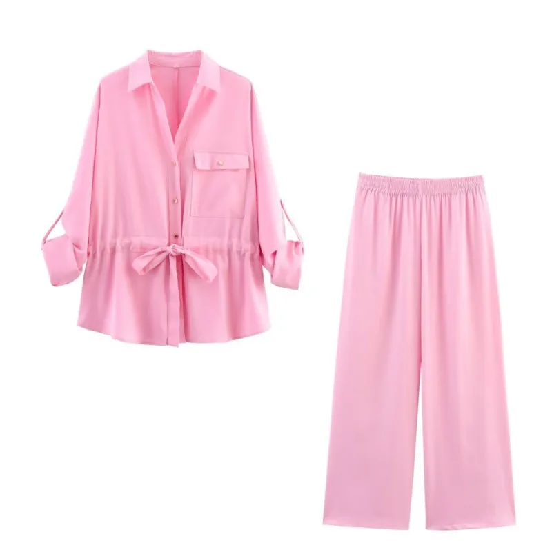 

2025 женская летняя рубашка в стиле ретро с длинными рукавами и шнурком, повседневный комплект брюк, комплект из двух предметов, повседневная одежда, уличная повседневная летняя одежда