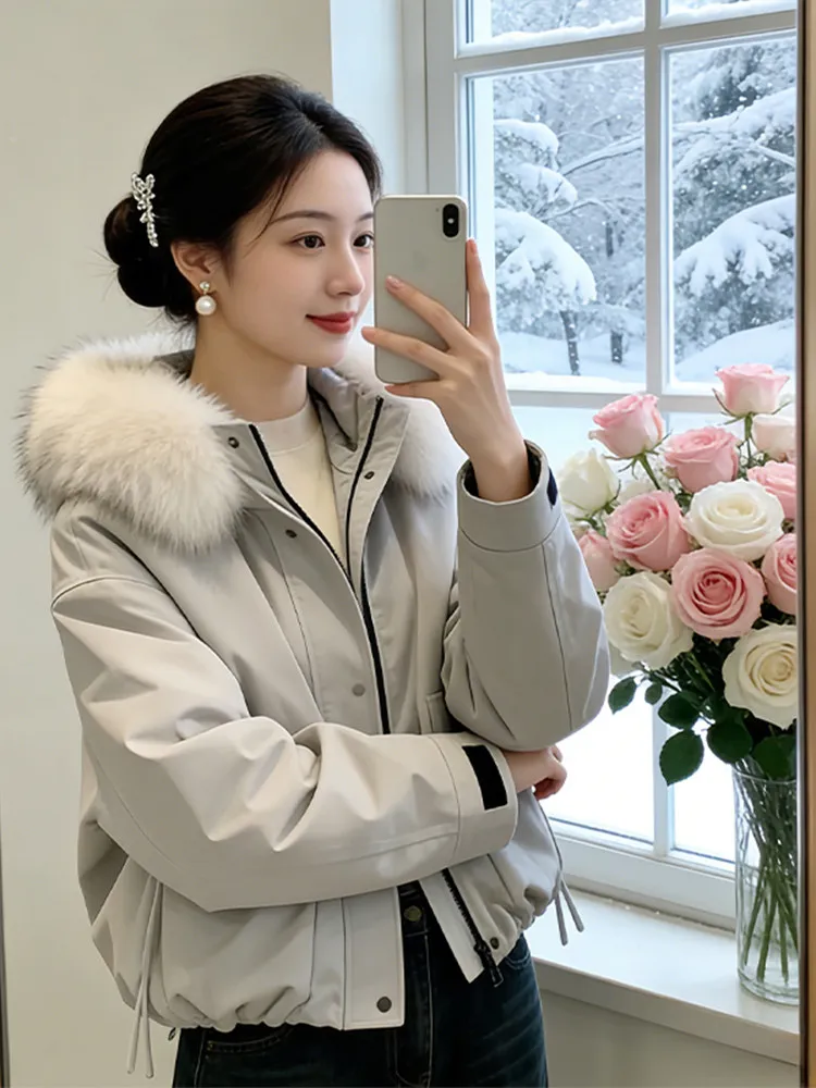 

ay ort Puffer Jaet Women's Winter Coat Large Fur Collar Workwear Cotton down Jaet Korean Sle Loose Fit Hooded