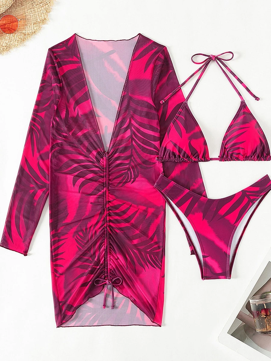 

Сексуальный раздельный купальник-бикини из трех частей с открытой спиной, сетчатой юбкой и принтованным узором, повседневный купальник для серфинга с чашечками для груди, без... (незавершенная фраза)