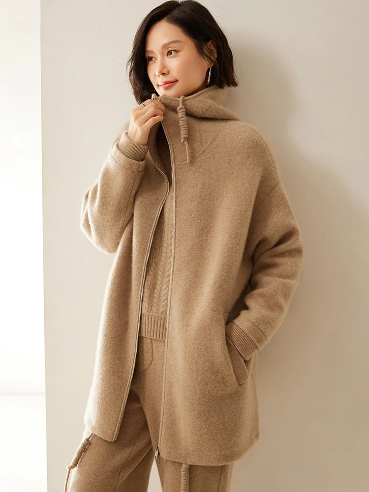 ANGEL Women 100% Cashmere Hoodie Zipper Cardigan Luxury Sweater Coat Autumn Winter Thick Solid with Pocket Knitwear Hooded Tops