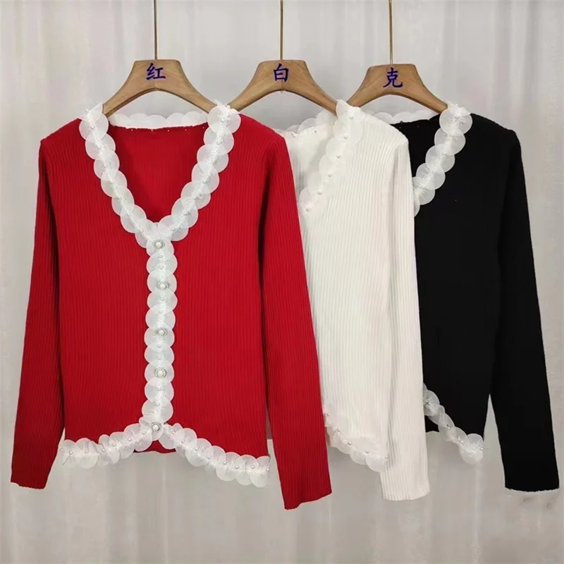 Printemps automne mode nouveau épissage dentelle pull pull femmes 2025 décontracté tout-Match col en v chemise à bascule tricots haut pour femme