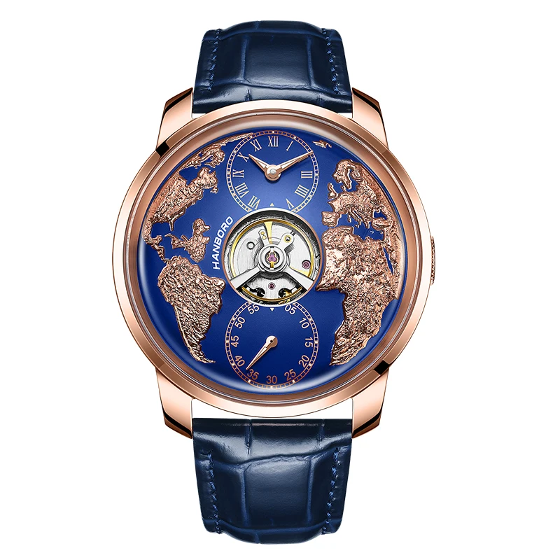 HANBORO Men Automatic Watch 44MM Mechanical Wristwatch 5ATM Sapphire Mirror Luminous Engraved World Earth Dial