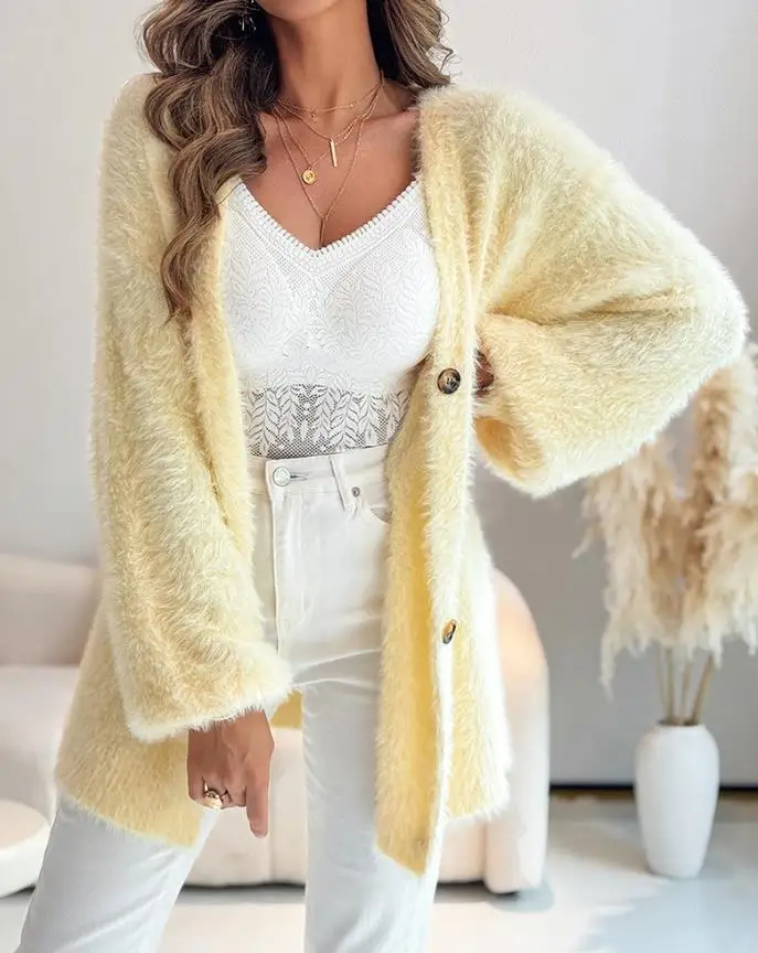 Women's V-Neck Fuzzy Cardigan Single-Breasted Casual Sweater Coat Soft Warm Comfortable Fashion Outerwear
