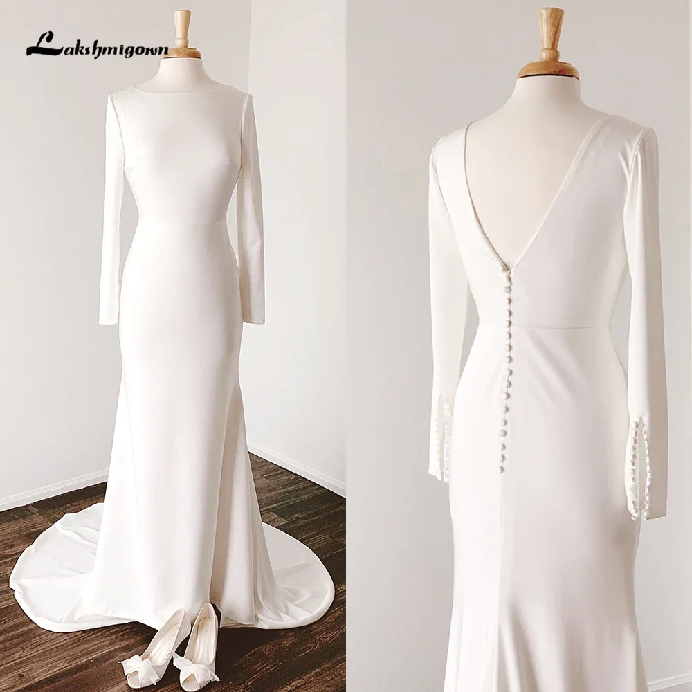 Robe de Mariée Sirène en Satin à Manches sulfpour Femme, Simple, Col Rond, Sexy, Bouton Dos Ouvert, Patients Boho, Quel que soit le Balayage, Éducatif, 2025