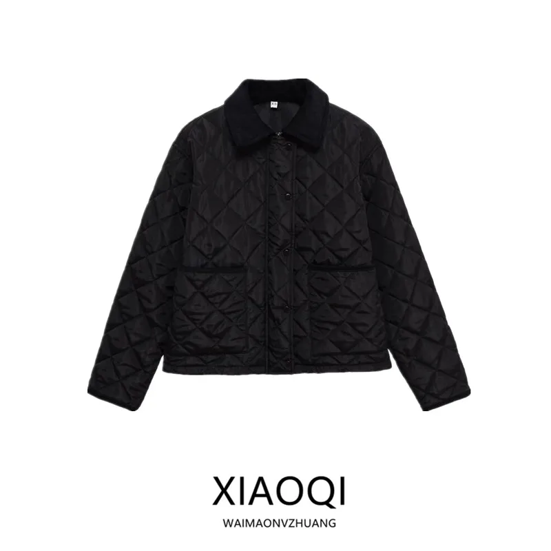 

Women's Cotton Jaet Coat Autumn Winter New Sle Quilted Corduroy Collar Diamond Pattern Faion Ladies ort Outerwear