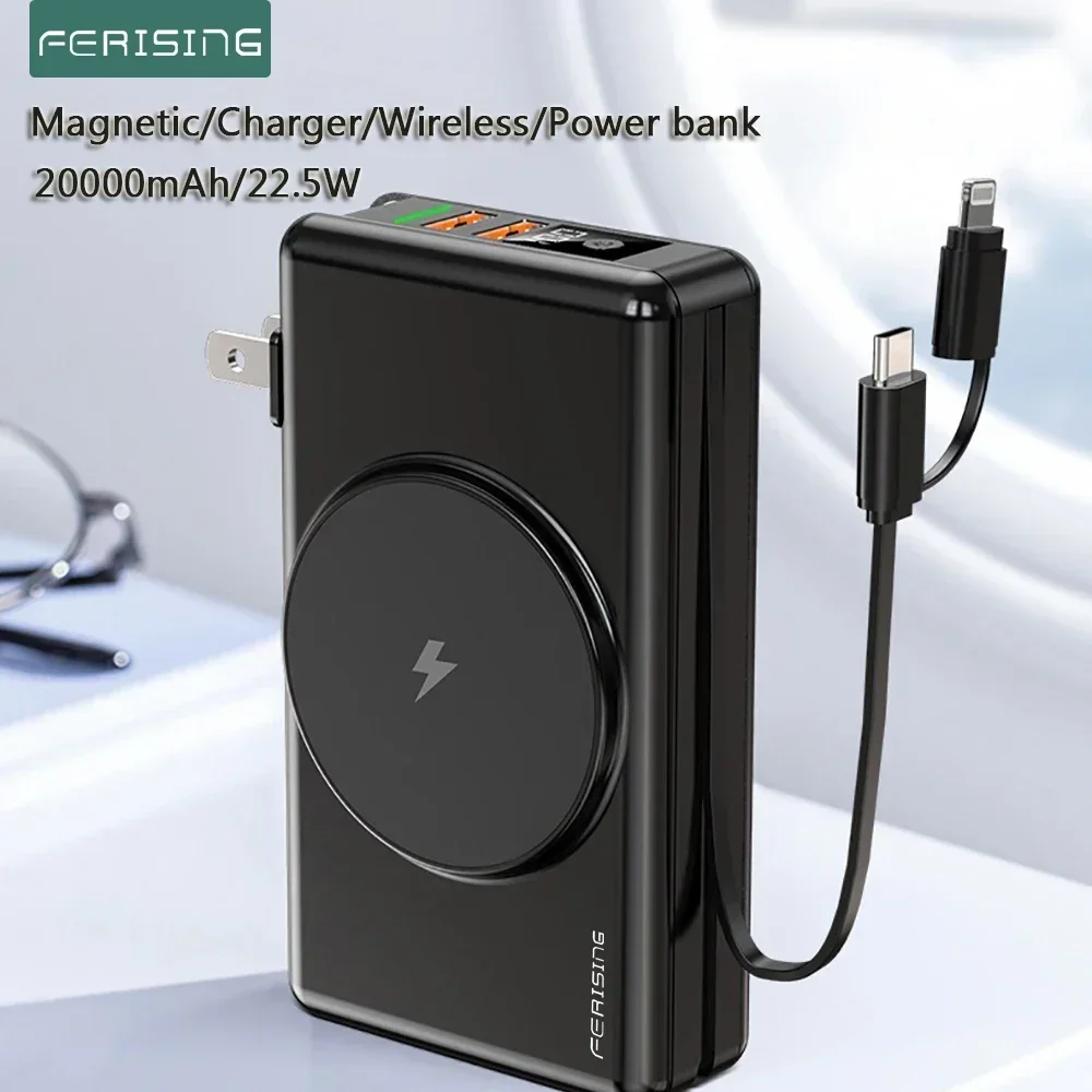 

FERISING qi2 Wireless Magnetic Power Bank, Portable Battery for Oneplus, iPhone 15, 5A, 22.5W, PD, VOOC, 20000mAh