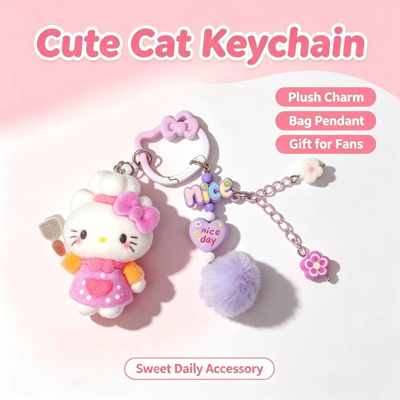Fashion Flocked Cat Keychain Cute Chef Figurine Bag Accessory Pompom Pendant Women Fashion Key Ring Gift view 4