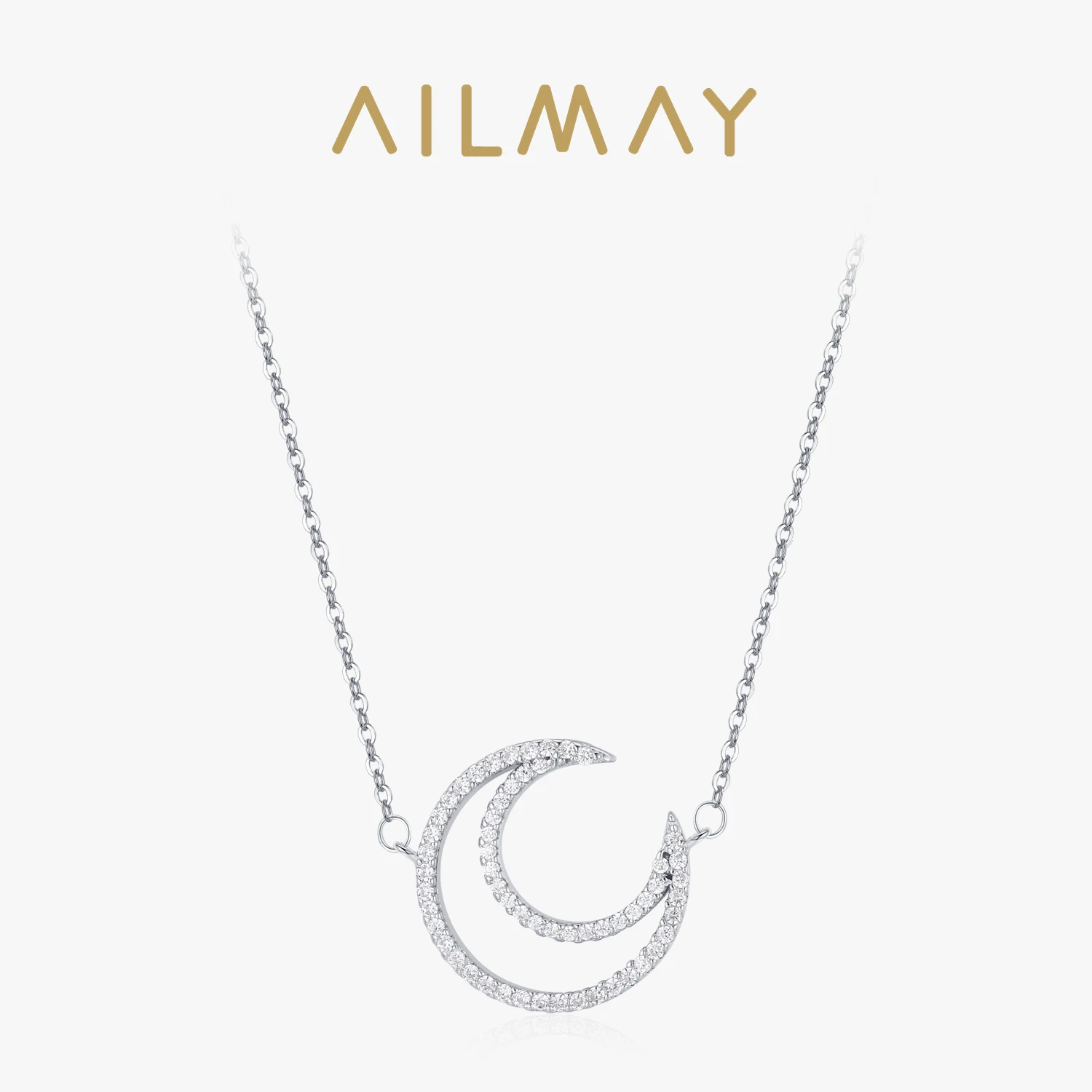 Ailmay Real 925 Sterling Silver Simple Hollow Moon Pendant Dazzling Zircon Necklace For Women Minimalist Fine Jewelry