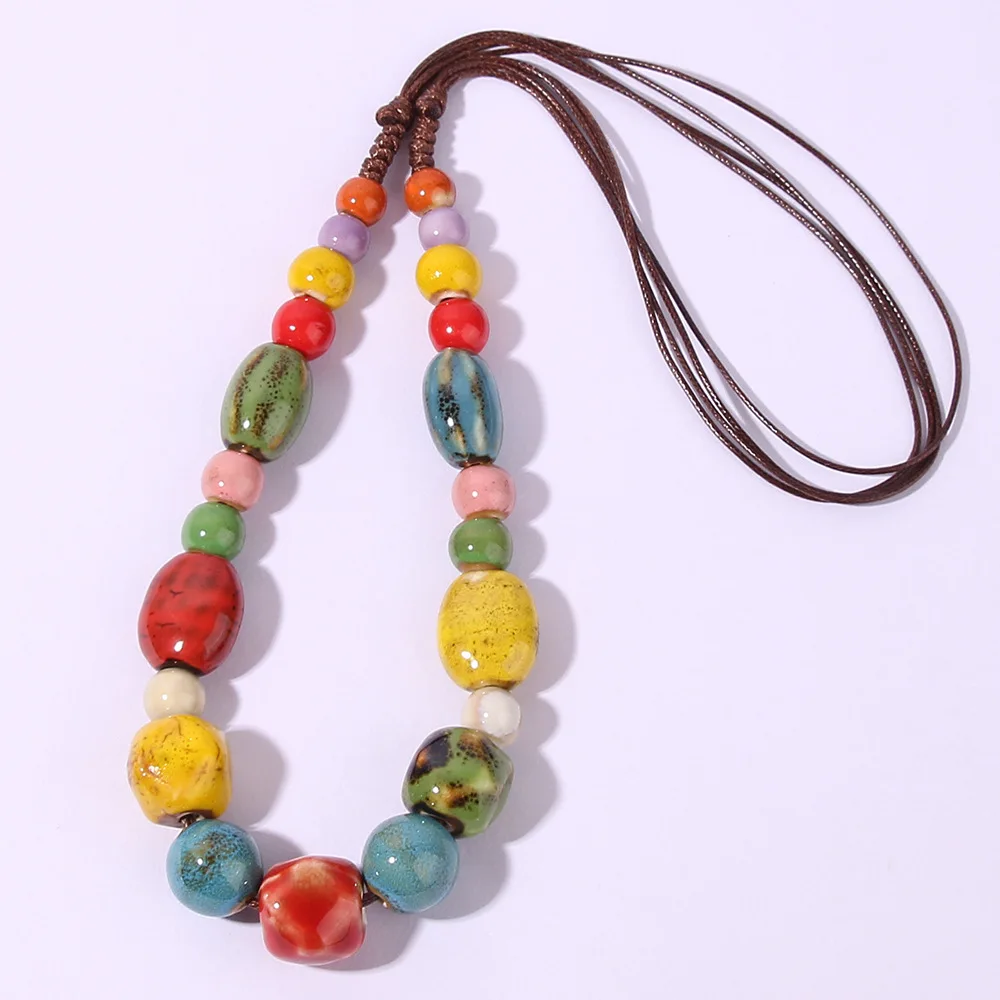 Fashion Ceramics Beads Pendant Ethnic Long Necklace Chain DIY Jewelry Style Vintage Colorful Ceramic Bead Long Necklace