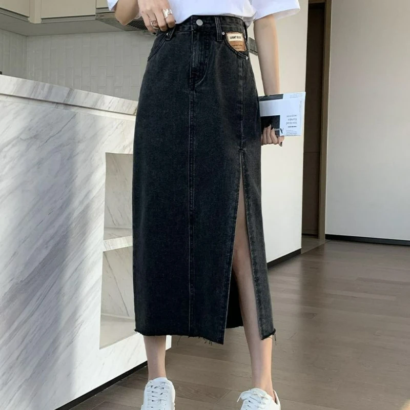 여성 스플릿 데님 드레스 2025 여름 신상 미디 기장 슬림 A라인 드레스 빈티지 심플 캐주얼 롱 스트릿웨어 올매치 스커트