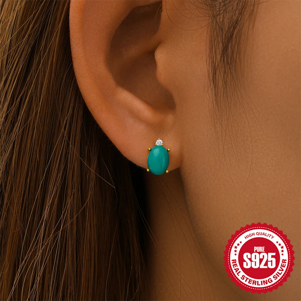 LENNIK 100% 925 Sterling Silver Oval Turquoise Zircon Earrings Women's Fashion Luxury Earring Party Dinner Boutique Jewelry 2024