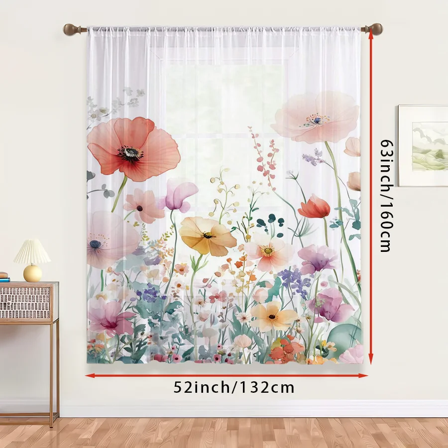 1PC Sheer Curtain Watercolor Poppy Wildflower Print, Rod Pocket Window Curtain for Living Room Bedroom Garden Decor