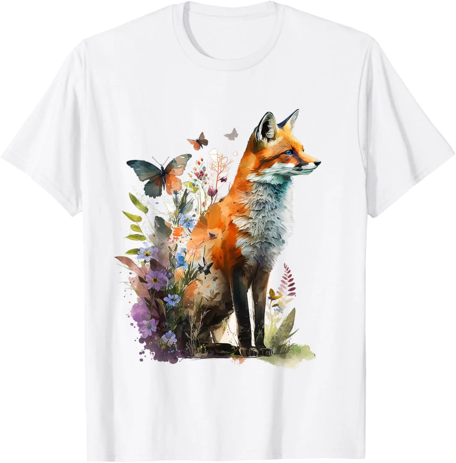 

Watercolor Fox and Butterflies Floral Graphic Tee Soft Cotton Breathable T-Shirt for Men and Women