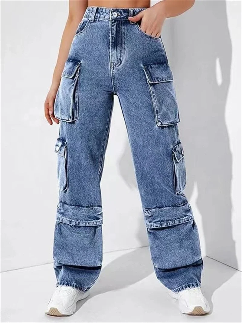 Streetwear Jeans Trousers Autumn Clothes Women 2024 High Waist Multi Pocket Cargo Pants Fashion Safari Style Denim Pants Bottoms