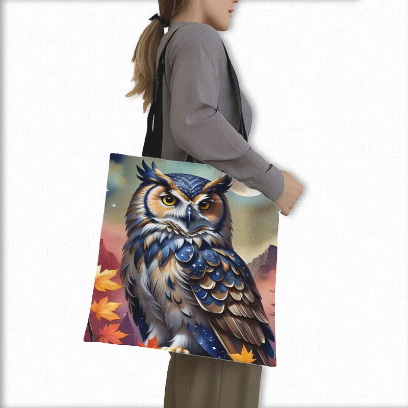 Colorful Owl Printing Shopping Bag Great Horned Owl Shoulder Bag White Owl Handbag Totes Large Capacity Reusable Bag