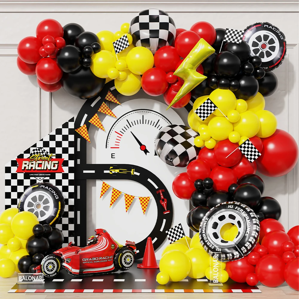

100Pcs Race Car Balloon Garland Arch Kit Black Red Yellow Checkered Wheel Foil Balloon Boys Racing Two Fast Birthday Party Decor