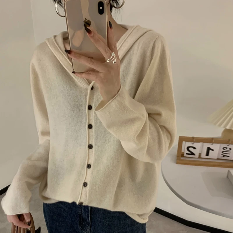 YSC2024 New Women\'s Classic Pure Wool One Line Hooded Cardigan Long Sleeve Soft Multi Color Casual Warm Fashion Knitted Sweater