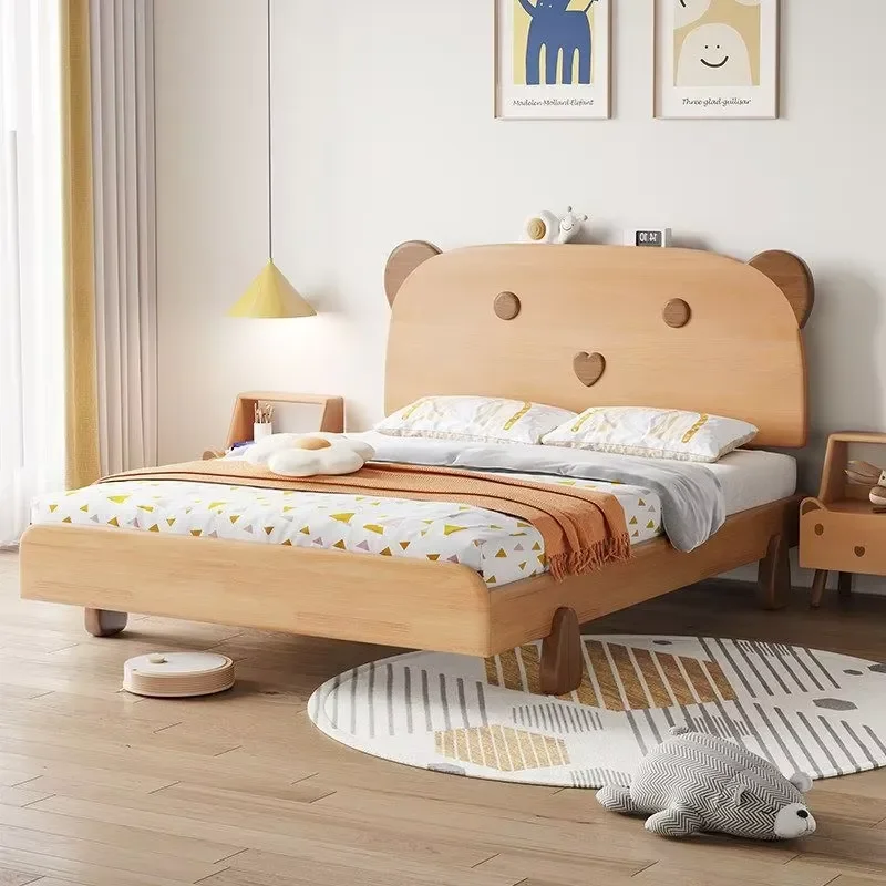 Modern Nordic Solid Wood Kids Bed with Cute Bear Shaped Headboard High Quality Children Single Bed Frame for Girls Boys