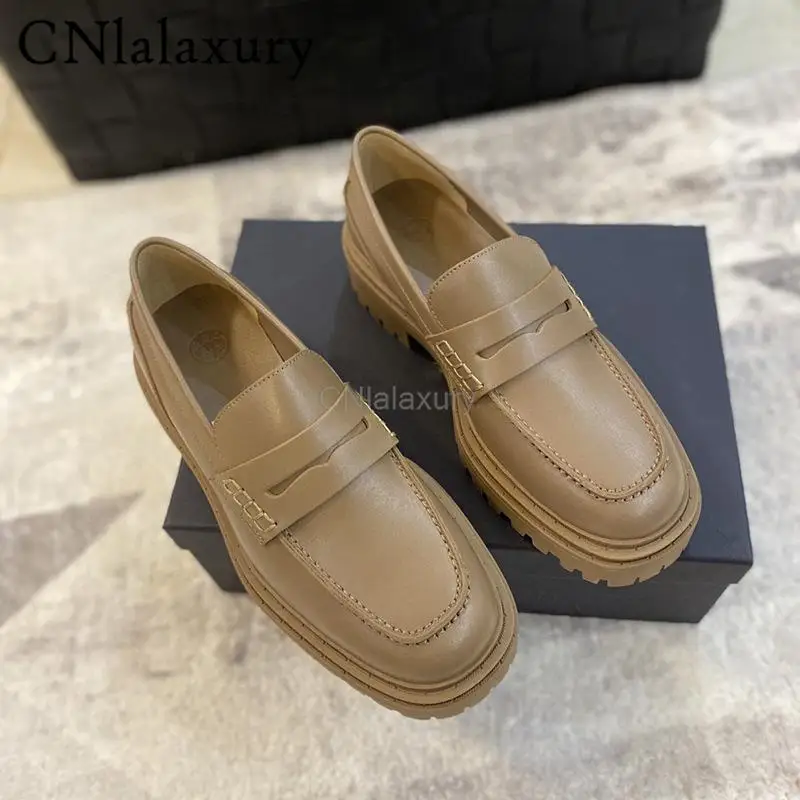 CNlalaxury 2022 New Summer Women Genuine Leather Chunky Square Toe Heel Shoes Slip-on Loafers Casual Solid Shoes Female