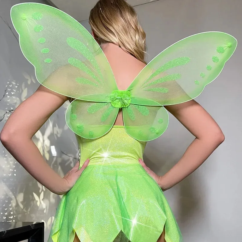 Green Women Short Dress Tinker Bell Costume Fairy with Wings Role Play Short Dress Cosplay Slip Dress Hallown Birthday Party