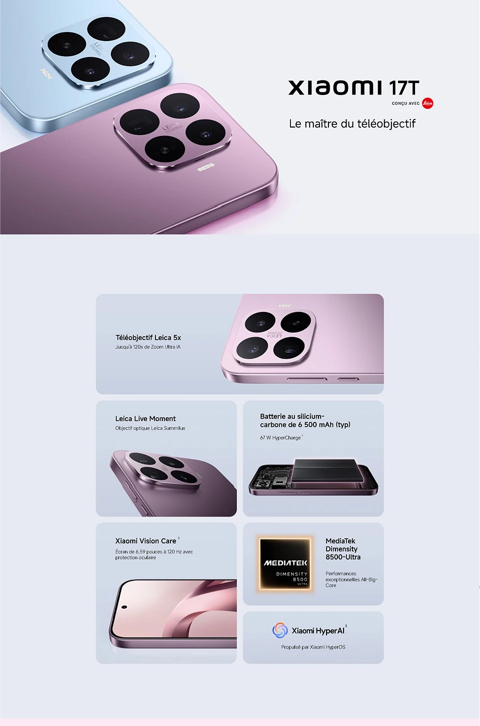Xiaomi 17T 5G, NFC, MediaTek Dimensity 8500-Ultra, 6.59 inches, 120 Hz, 50 MP Leica main camera, 6500 mAh battery, IP68