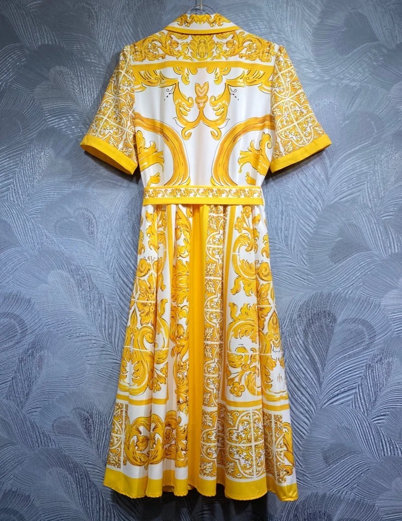 Newest Fashion Summer Dress 2024 High Quality Ladies Turn-down Collar Vintage Runway Prints Belt Deco Short Sleeve Yellow Dress